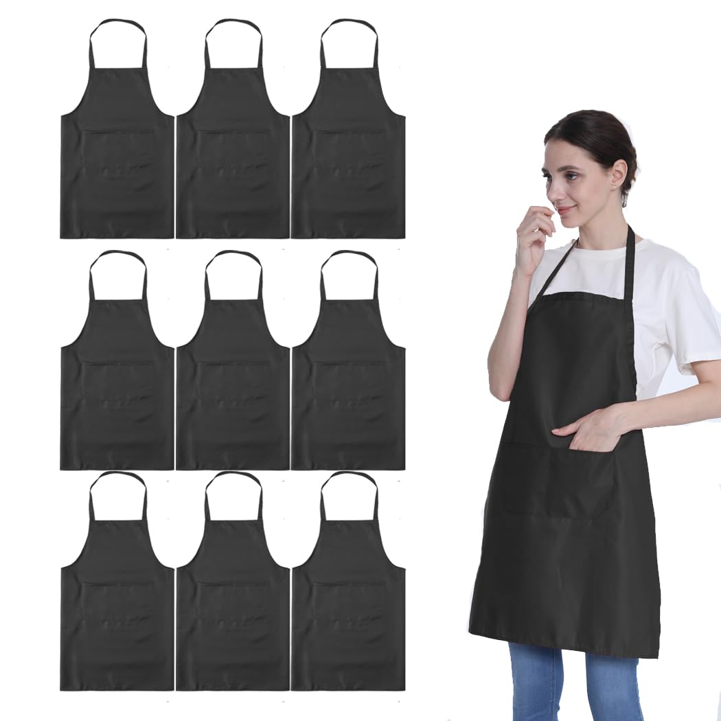 9 grembiuli neri per uomini e adulti, unisex, con 2 tasche, per cucina, chef, cucina, forno, ristorante, artigianato, pittura (9 pezzi, nero)
