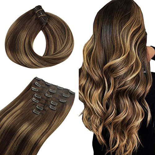 Clip in Hair Extensions, hotbanana Balayage Chocolate Brown to Caramel Blonde Clip in Hair Extensions Real Human Hair Straight Remy Hair Clip in Hair Extensions 18 inch 120g 7pcs