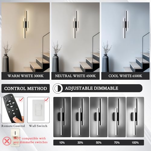 Image of LED Wall Sconce Set of 2 Black Remote Modern LED Vanity Lights Set of 2 Indoor Wall Light Fixtures for Living Room, Dimmable Wall Sconce for Bedside Bedroom Bathroom, L23.6inch 2 Pack