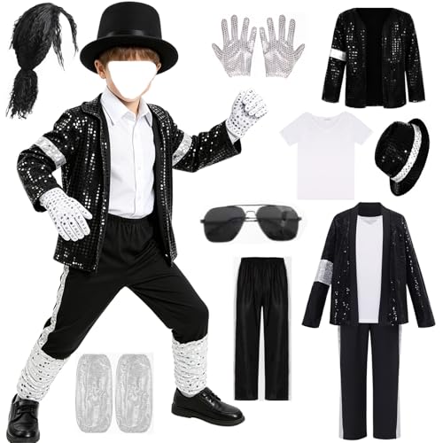 RVGBCOL Superstar Costume Outfit Movies Party Halloween Adult 7PCS Set for Singer (HR-mBlack+WIG M(130cm/7-8years)