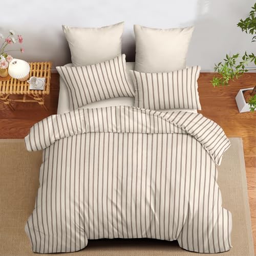 Nayoroom Striped Duvet Cover Queen Size Brown Stripe Duvet Cover Dorm Bedding Set 3 Pieces Soft Lightweight Microfiber Farmhouse Bedding Set Gifts for Women Men (Tannish Linen Grey, Brown Stripes)
