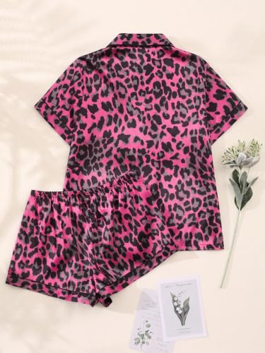 Image of SHENHE Women's 2 Piece Satin Pajama Set Leopard Short Sleeve Button Down Pj Shorts Set