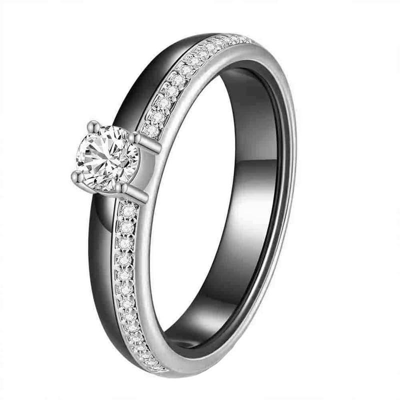 Joievievie Bague Céramique Noire Lisse Demi-Tour Argent Zirconium Anneau Assemblage Acier Inoxydable Bague des Fiançailles Mariage Alliance Femme Taille 57