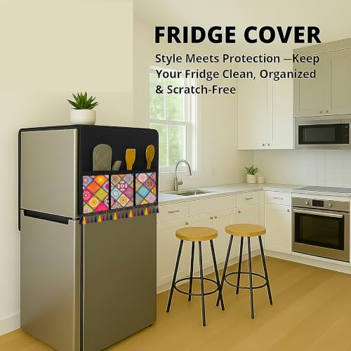 Image of Refrigerator Single Door Waterproof, Dustproof, Tassel Lace Refrigerator Top Cover, Protective Cover for Fridges with Extra Storage Space Nylon Top cover with 6 Storage Pockets ( Multi, 130 x 54 cm )