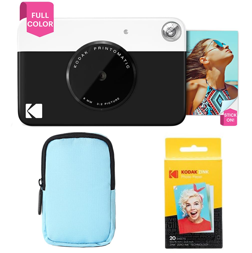 KODAK Printomatic Pacchetto iniziale per macchina fotografica a stampa istantanea a colori + Custodia morbida + Carta fotografica Zink da 20 pezzi - Foto colorate su carta adesiva 2x3" - Nero