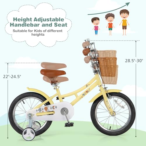 Image of BABY JOY Retro Kids Bike, 12 14 16 18 Inch Child Bike for 3-8 Years Old w /Rattan Basket, Adjustable Height, Training Wheels, Fenders, Handbrake Coaster Brake, 95% Pre-Assembled Kids Bicycle for Girls