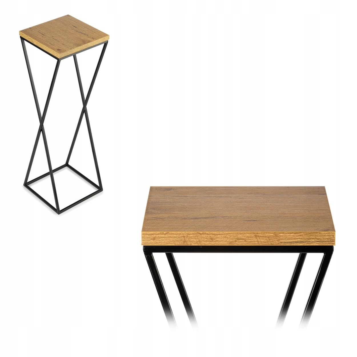 Pflanzenständer Metall 70 cm Hoch - Stabiler und Fester Blumenhocker mit Eiche Optik MDF-Platte auf Schwarz Ständer - Blumenständer zur Dekoration Innenräumen