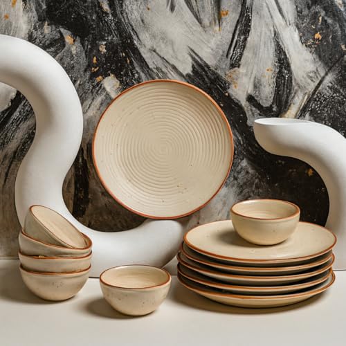 Image of inchHOUSELA Premium Ceramic Dinner Set 12-Piece for 6 - Microwave & Dishwasher Safe Dinnerware | 6 Dinner Plates + 6 Bowls | Modern Rustic Beige | Durable Kitchen Dining Set for Daily Use inch