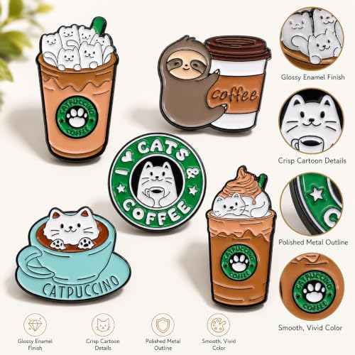 Image of 5Pcs Cute Coffee Cat Sloth Enamel Pin Set Cartoon Animal Coffee Cup Brooch Badges, Funny Lapel Pins for Backpacks, Jackets, Bags, Coffee Lover Gift
