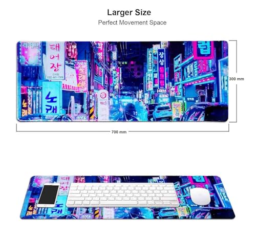 Image of Large Extended Long 700 x 300 mm Mouse Pad for Keyboard & Mouse | Water Resistant Anti Slip Surface Ideal for Office Home and Gaming Setup (Neon Street -16)