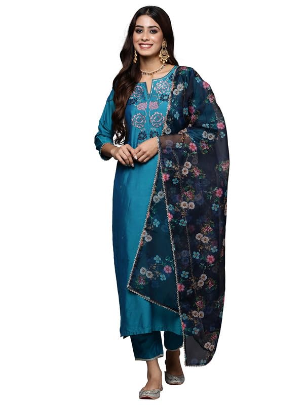 Image of INDO ERA Women's Viscose Embroidered Straight Kurta Pant With Dupatta Set