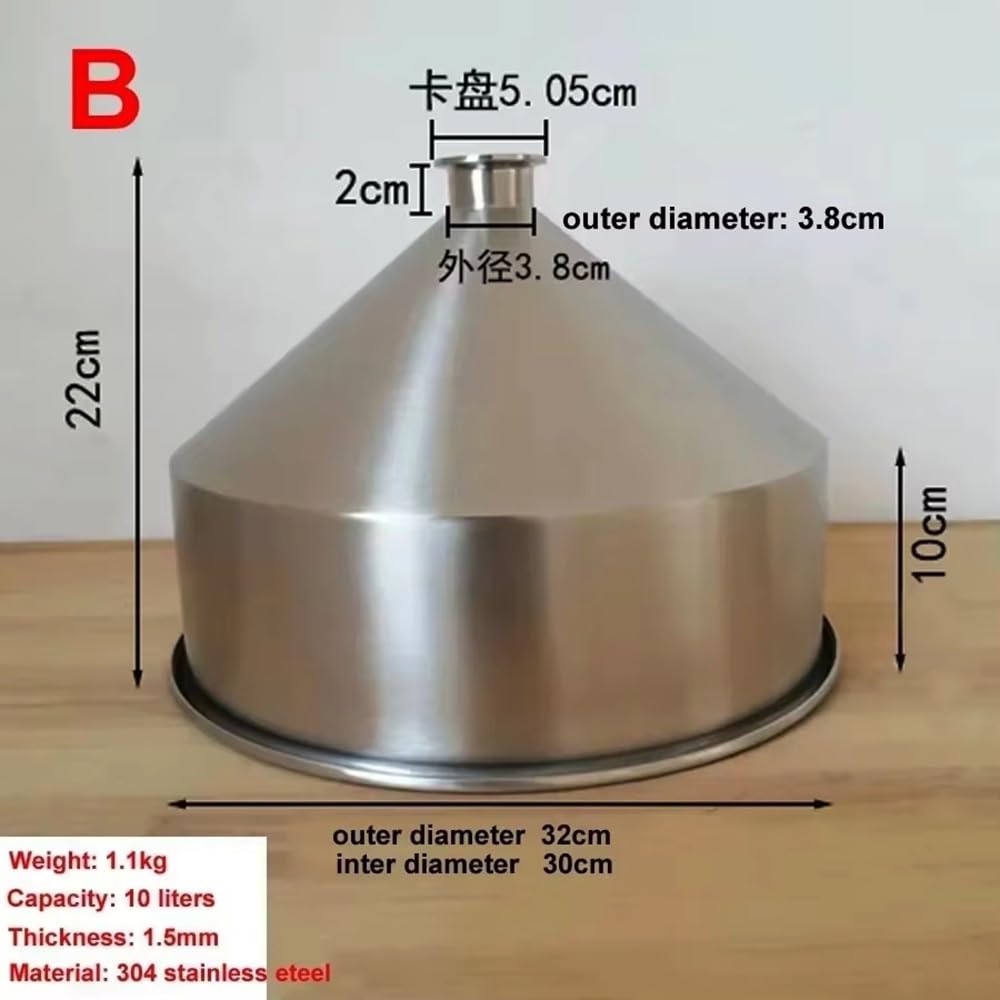 Embudo Cervecero Sanitario INOX 304, 10L 30cm ID Grueso para Dosificación Polvo de Grano, Uso Alimentario (1 Pieza)(B)