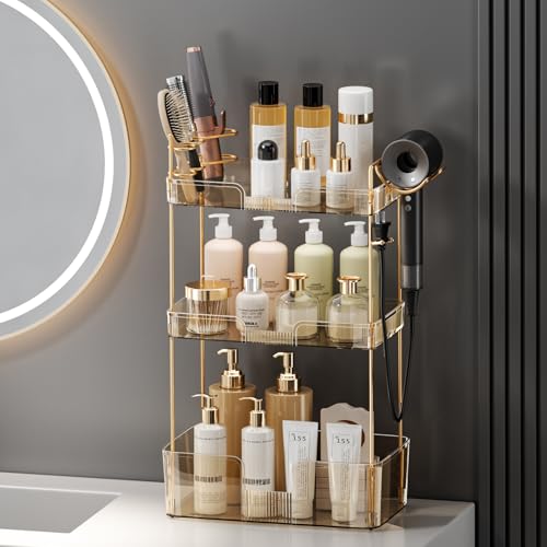 Bathroom Counter Organizer with Hair Dryer Holder, Hair Tool Countertop Storage, Cosmetics Skincare Shelf Organizer, Makeup Organizer Perfume for Dresser Vanity Tray(3 Tier-Gold) - Image 3