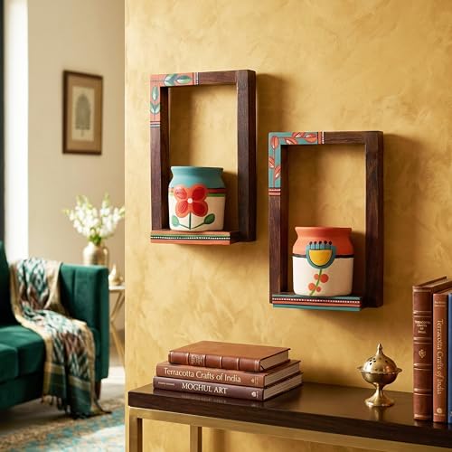 Image of AAKRITI ART CREATIONS Flora Wall Decor Frames with Handpainted Ceramic Pots Set of 2 | Floral Art, Matte Finish | Wooden & Ceramic Wall Shelf Decor for Home