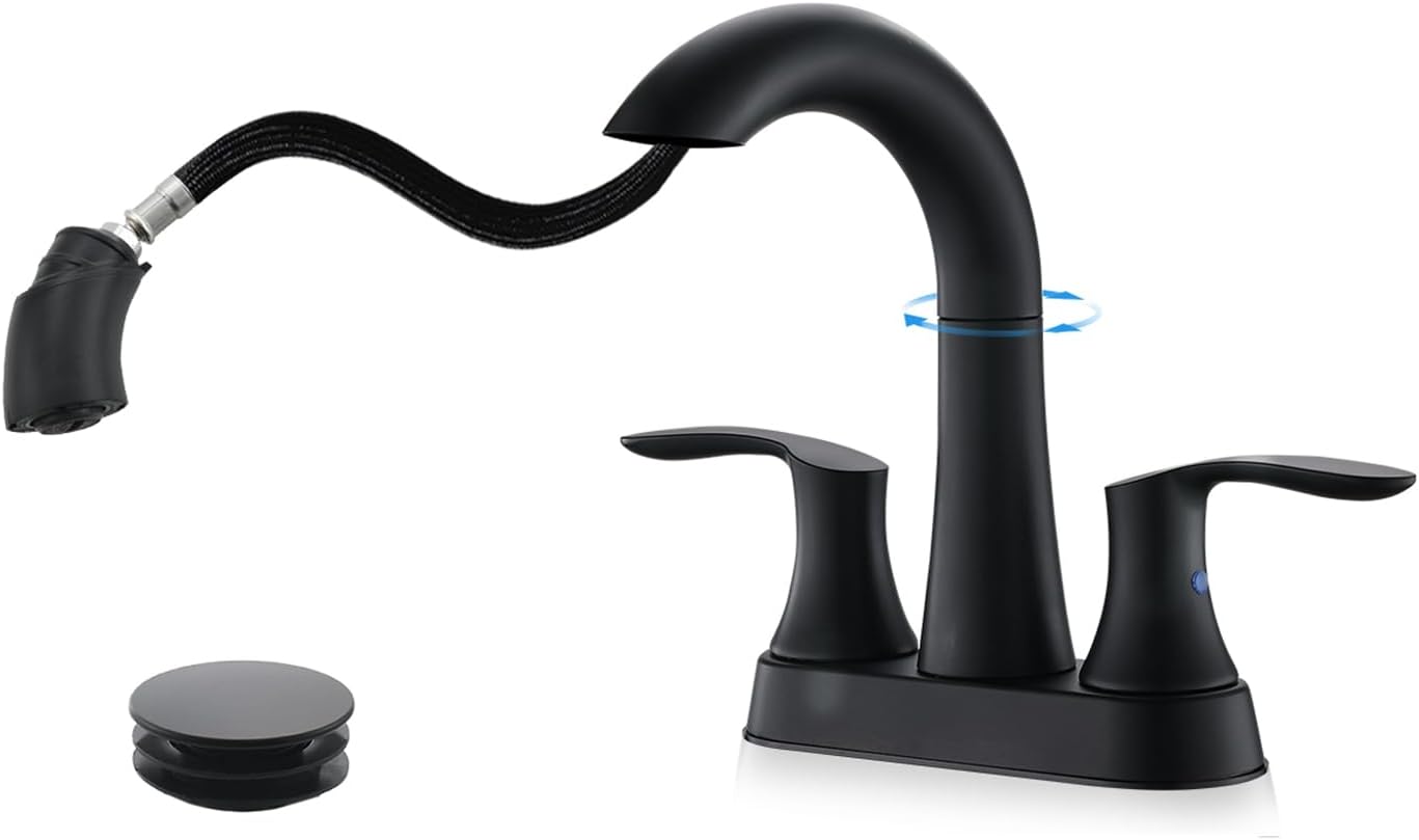Bathroom Faucet with Pull Out Sprayer, 4 Inch 3 Hole Bathroom Sink Faucet, 360 Swivel Widespread Pull Down Bathroom Faucet with Pop Up Drain and Water Supply Line - Matte Black