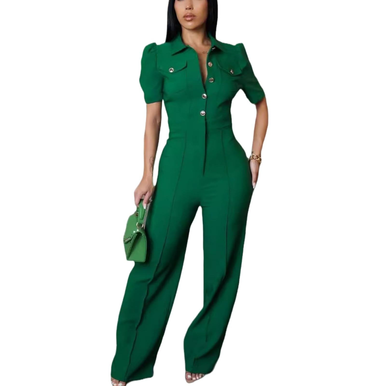 QZKLWG Women's fashionable, sexy, elegant, high waisted, wide leg pants, club business party button jumpsuit