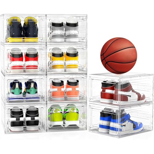 JWQ 10 Pack XX Large Thicken Sturdy Hard Plastic Clear Stackable Shoe Storage Boxes for Size...