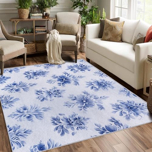 Tapis à fleurs bleues antidérapant et grand tapis lavable de salon - 2