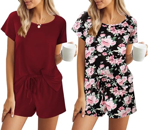 Image of Ekouaer 2 Pack Womens Pajama Sets Short Sleeve Sleepwear Soft Crew Neck Pj Shorts Set Printed Loungewear Set S-XXL