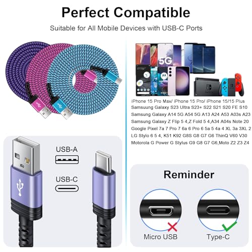 Image of USB to USB C Cable 6FT /3Pack for iPhone 17 16 15 /15 Pro /15 Pro Max /15 Plus,USB A to USB Type C Charging Fast Charger Cord for Samsung Galaxy S25 Ultra S25 FE A17 A55 A36 S24 S23,Google Pixel 10 Pro XL