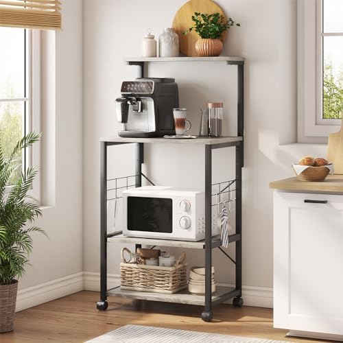 Bestier Bakers Rack, 4-Tier Microwave Stand Coffee Bar Table on Wheels, Utility Storage Rack with Sliding Shelf & 10 Side Hooks for Kitchen, Living Room, Dining Room, Wash Gray 49 Inch Wash