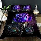 AILONEN Purple Rose Duvet Cover Queen Size, 3D Purple Rose Bedding Set for Girls Teens,Romantic Ink Flowers Comforter Cover 3PCS,1 Quilt Cover + 2 Pillowcases,Soft Microfibre
