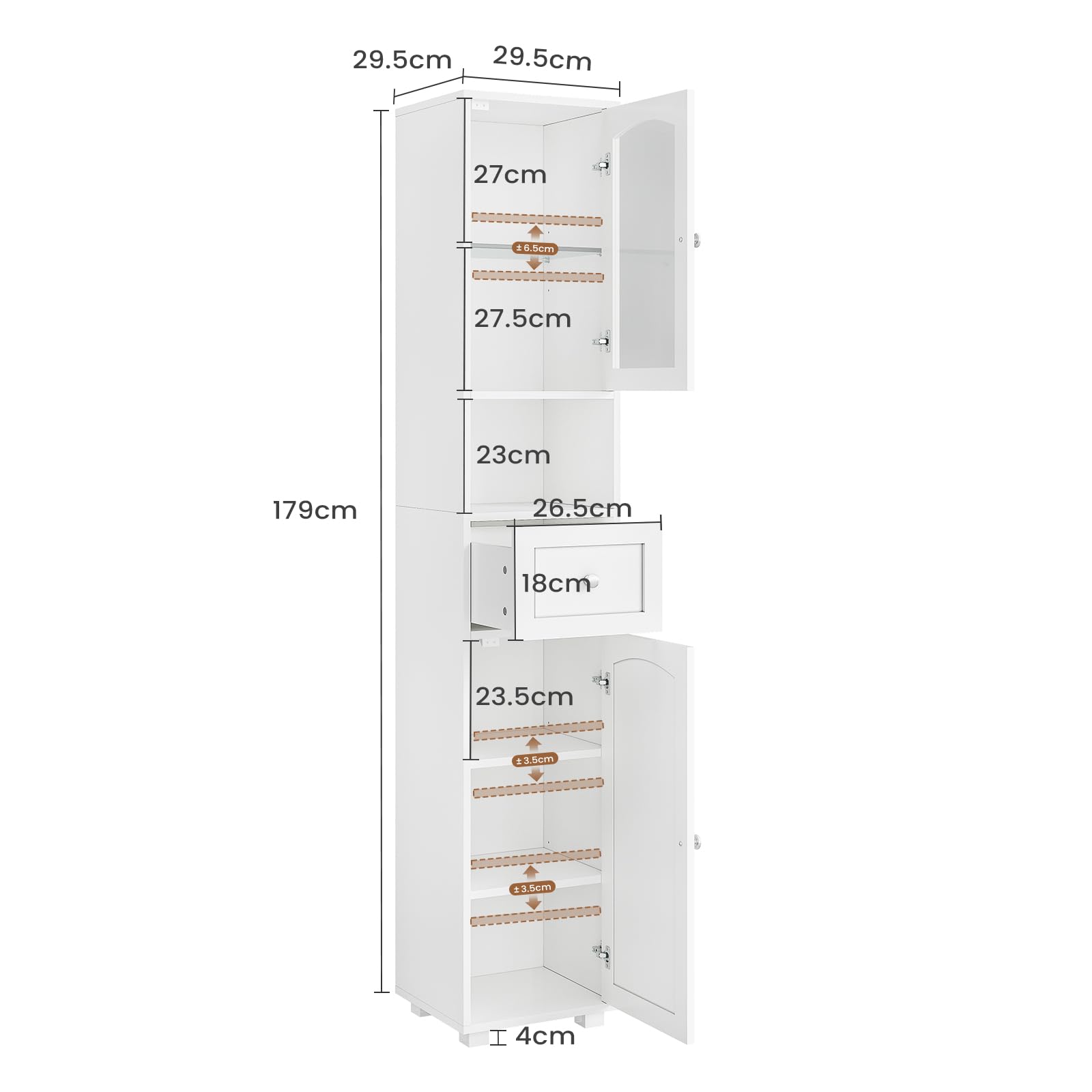 Badezimmerschrank, Badschrank Hochschrank mit LED Beleuchtung, verstellbare Ablagen, offenes Fach, Badezimmermöbel mit 2 Türen, Aufbewahrungsschrank für kleine Räume, 29.5x29.5x179 cm, Weiß