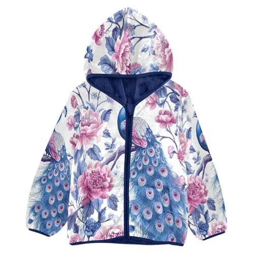 Peacock Among Pink Flowers Toddler Fleece Jacket Girl Boys Hooded Fleece Jacket Coat Warm Outwear Zip-up 3-10T