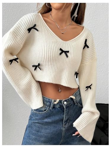 Milumia Women's V Neck Long Sleeve Cute Bow Sweaters Off Shoulder Knitted Crop Solid Pullover4