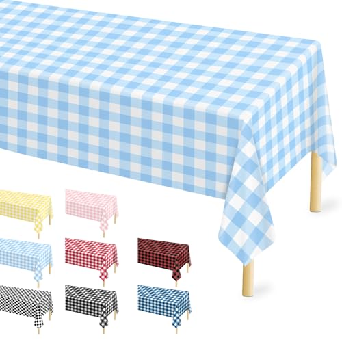 Image of 12 Pcs Light Blue Checkered Tablecloth 54 x108 Inches Rectangle Blue Gingham Tablecloth Disposable Plastic Waterproof Table Cover for Outdoor Picnic, Kitchen, Holiday Birthday Party