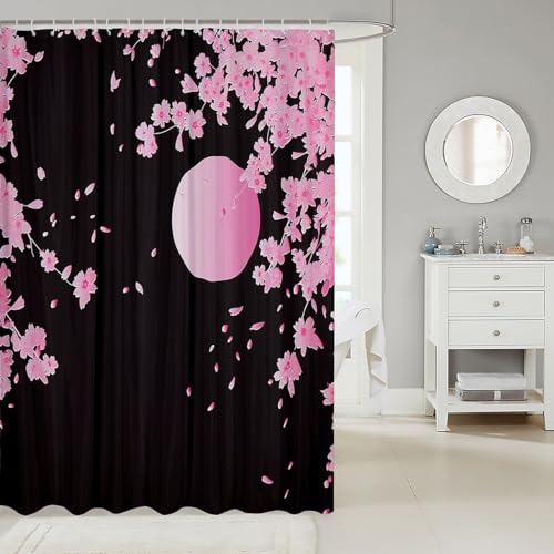 Image of Cherry Blossoms Bath Curtain Japanese Style Bathroom Shower Curtain Set Pink Moon Flowers Shower Curtain For Kids Adults Exotic Waterproof Bathroom Curtains Ultra Soft Black Room Decor 72x78 Inch
