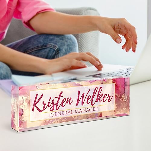 Image of Name Plate for Desk, Desk Name Plate Personalized, Office Decor for Women Men, Acrylic Desktop Accessories, Office Appreciation Gifts for Boss Social Workers Nurse Teacher Employee (Pink /Gold)