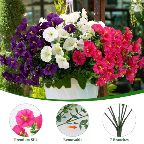 9 Bundles Artificial Flowers for Outdoors, UV Resistant Artificial Outdoor Plants Fake Flowers Outside – Realistic Faux Petunias Silk Flowers for Garden Porch Balcony Indoor Decor
