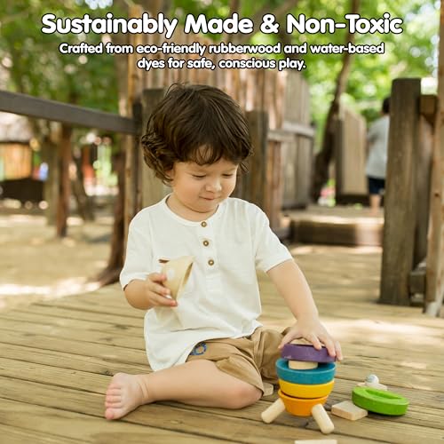 Image of PlanToys Wooden Stacking Rocket Toy for Toddlers | Montessori Educational STEM Learning Toy | Colorful Wooden Rocket Ship Stacker for Fine Motor Skills, Problem Solving, Preschool Gift