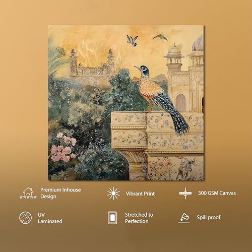 Image of PAINTINGMANTRA Mughal Palace Artwork Stretched Canvas Painting for Living Room | Heritage Bird Canvas Wall Decor Art For Livingroom, Bedroom, Office, Hallways - 34x34 Inch