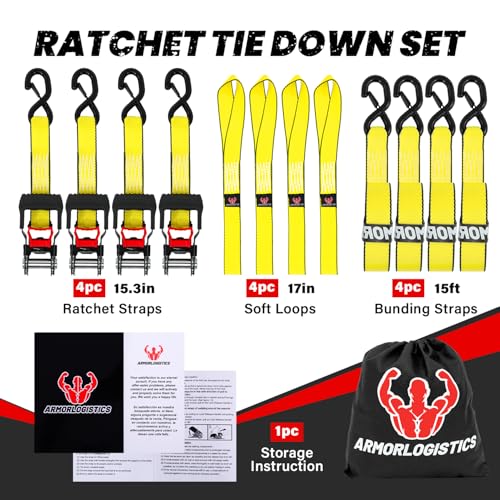 Image of Retractable Ratchet Straps 4 Pack, 1.5 inch x 15' Motorcycle Tie Down Straps