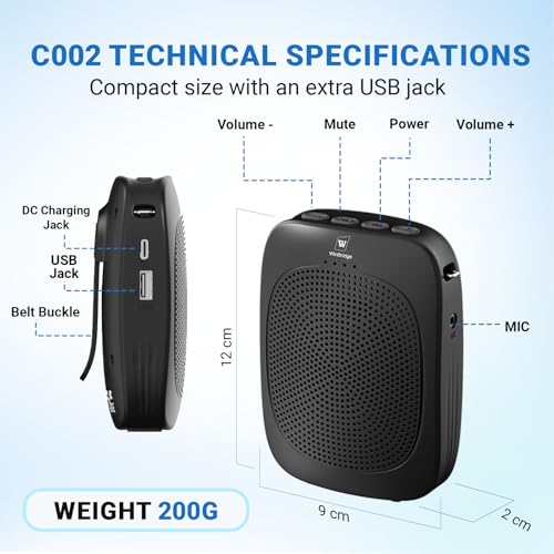 Image of WinBridge C002 Wireless Voice Amplifier For Teachers With Bluetooth, Wireless Mic With Speaker, Mini Megaphone Speaker, Portable PA System For Classroom, Tour Guide