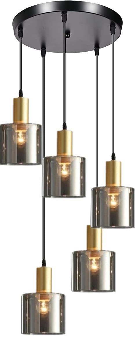 HUA QIANG WANG Modern 5-Light Glass Pendant Light Classic Cluster Chandelier Hanging Lighting Fixture with Smoke Gray Glass Shades for Kitchen Island Dinning Room Living Room Bedroom (5-Light)