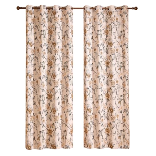 Image of Designer French Linen Printed Curtains,2 Panels,94 inchx65 inch-Murad | Vintage Elegant Curtain with Grommets 94 inches long,Bird and Flowers Pattern Draps,kitchen Bedroom Living Room Window