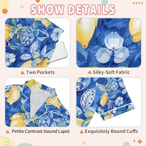 senya Watercolor Lemon Blue Satin Summer Pajama Sets Silk Short Sleeve Button Down Sleepwear3