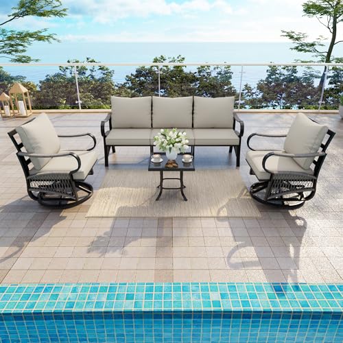 Image of 4 Pieces Outdoor Furniture Set, Patio Conversation Set with Swivel Rocking Chairs Sets and 3-Seater Couch Sofa for Deck, Porch, Garden, Backyard, Poolside (Beige Cushions)