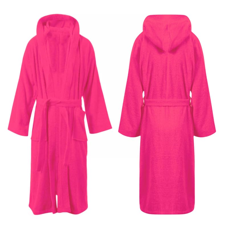 Unisex Egyptian Cotton Bath Robe 100% Luxury Terry Towelling Dressing Gown Soft Hooded or Shawl Neck Loungewear Housecoat for Men Women- Hooded Fuchsia