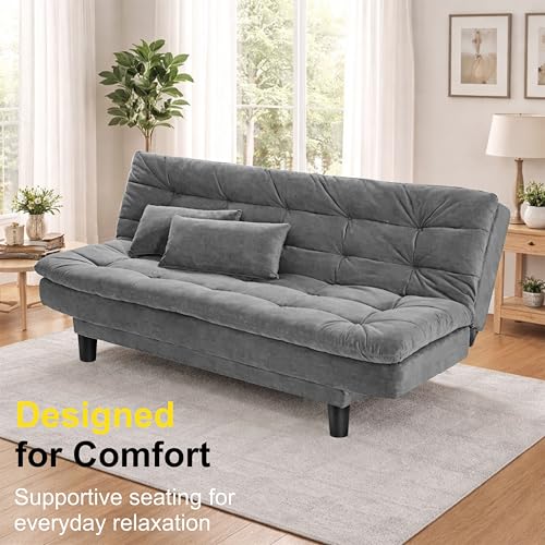 Image of Modern 3 Seater Sofa Cum Bed with Cushions, Foldable Convertible Couch, Velvet Fabric Sleeper Sofa for Living Room, Guest Room, Grey