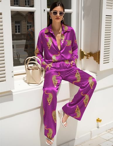 Image of Ekouaer Womens Satin Silky Pajama Set 2 Piece Print PJs Soft Loungewear Button Down Sleepwear with Elastic Waist Long Pants
