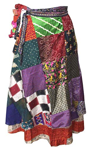 Mango Gifts Old Silk Sari Vintage Patchwork Wraparound Magic Skirt Bohemian Gypsy Fashion Beach Dress Multicolour Hippy Boho Fashion Wear Pair 2 Pieces
