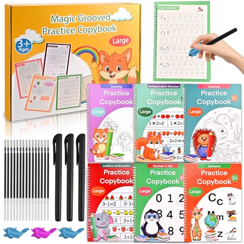 6 Reusable Handwriting Practice Books for Kids Ages 3-8 - Large Magic Grooved Workbooks with Pens | Letter & Number Tracing Drawing & Maths | Preschool & Reception Set - 26 x 18.5cm