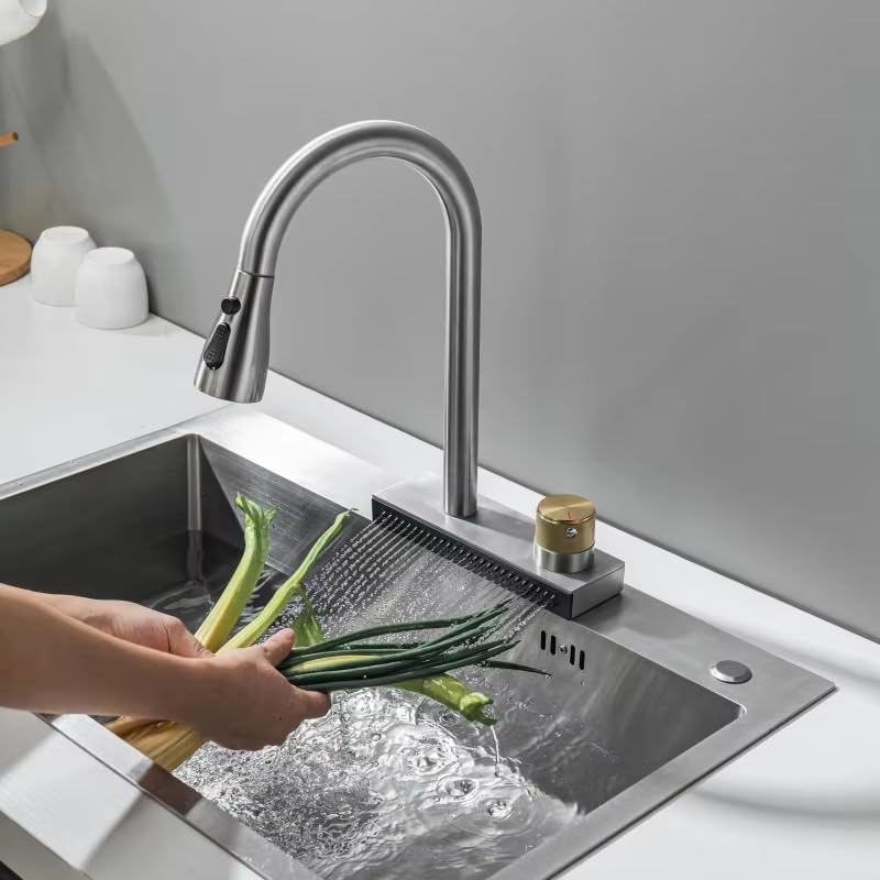 B Backline Brass Waterfall Kitchen Sink Mixer Tap/Faucet 360° Rotatable Pull Out Kitchen Faucet Multi-Function Sprayer/hot and Cold tap for Kitchen Sink/Water Tap (Gun Grey Black) (B0D5DH2QLY) Amazon Price History, Amazon Price Tracker
