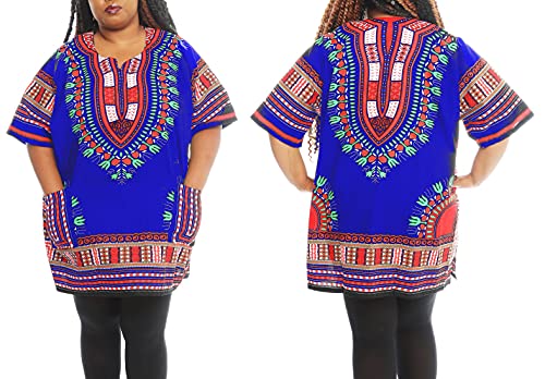 Unixex African Traditional Elastic Waist Dashki Top Wide Elbow Dashiki Tunic Top Royal Blue