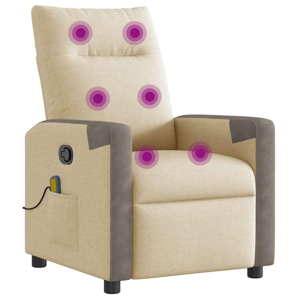 Massagesessel Creme Stoff mit 6-Punkt-Vibrationsmassage, Verstellbarer Rückenlehne 135 Grad, Holz Metall Gestell, Polster Lounge Sessel, ergonomisch bequem für Wohnzimmer, Büro