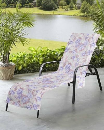 Beach Pool Patio Lounge Chaise Chair Cover Towel with Pockets,Vintage Purple Flower Absorbent & Quick Dry Microfiber Towel Cover Bag Summer Travel Accessories Luxurious Elegant Spring Botanical
